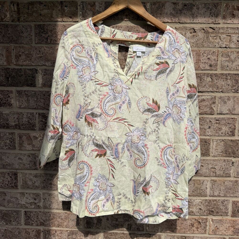 J. Jill Love Linen Blouse Women's Medium Paisley Floral 100% Linen Tie Sleeve